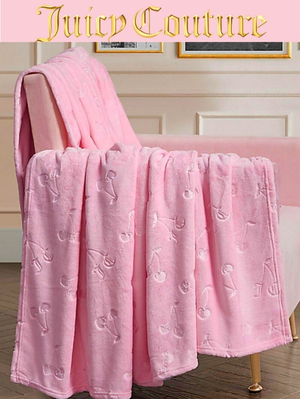 Juicy Couture Home Heart Cherries Embossed Print Twin Plush Throw Blanket- Pink